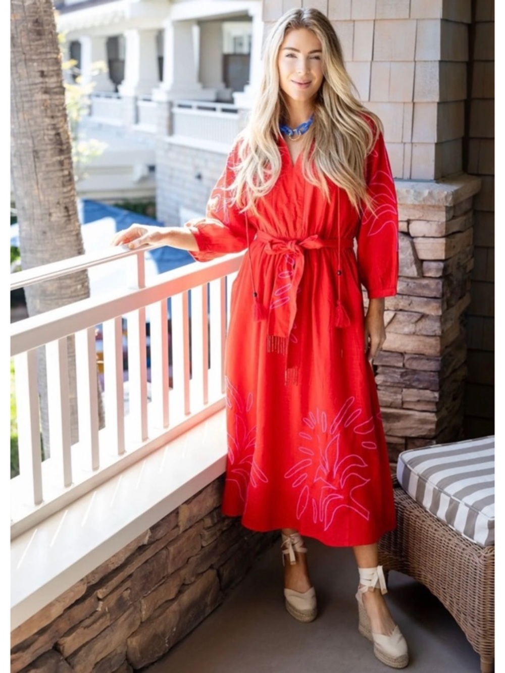 NWT Ciebon Eliza Embroidered Red Gauze Cotton A-Line Tropical Boho Midi Dress - Picture 1 of 7